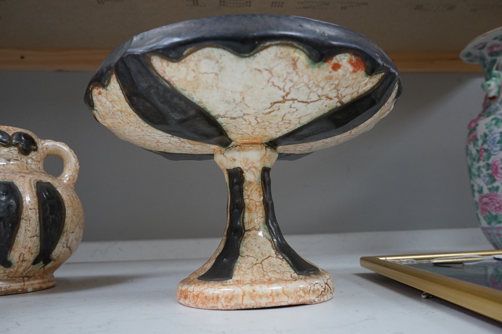 Four vases and a comport, Czech Ditmar Urbach glazed pottery, comport 20cm diameter